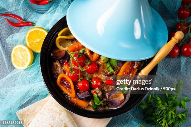 tasty spicy beef with various vegetables cooked in tagine - tajine stock pictures, royalty-free photos & images