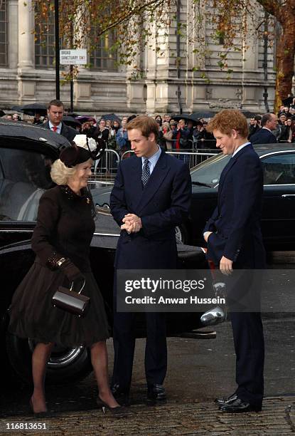 Prince William, Prince Harry and Camilla, Duchess of Cornwall arrive for a service of celebration for the Diamond Wedding Anniversary of The Queen...