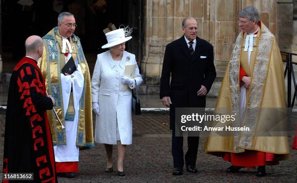 Queen Elizabeth ll and Prince Philip, Duke of Edinburgh leave a service of celebration for their Diamond Wedding Anniversary at Westminster Abbey on...