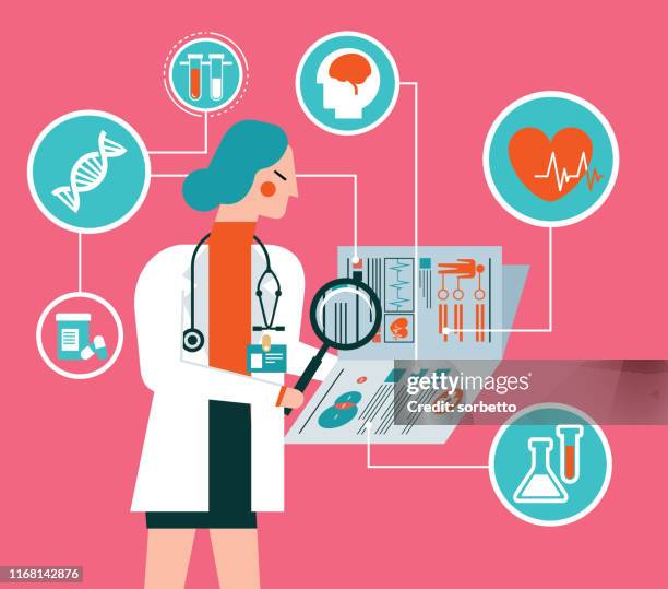 clinical record - female doctor - health records stock illustrations