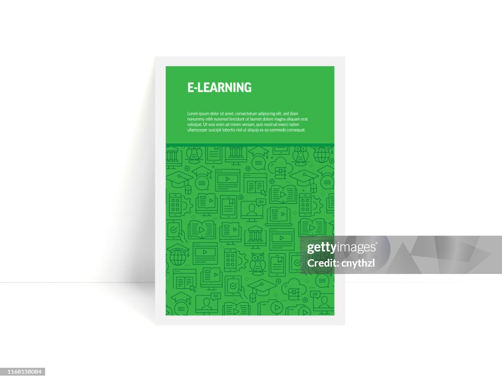 Vektor-Set von Design-Vorlagen und Elemente für E-Learning im trendigen linearen Stil - Muster mit linearen Icons im Zusammenhang mit E-Learning - minimalistische Abdeckung, Poster-Design