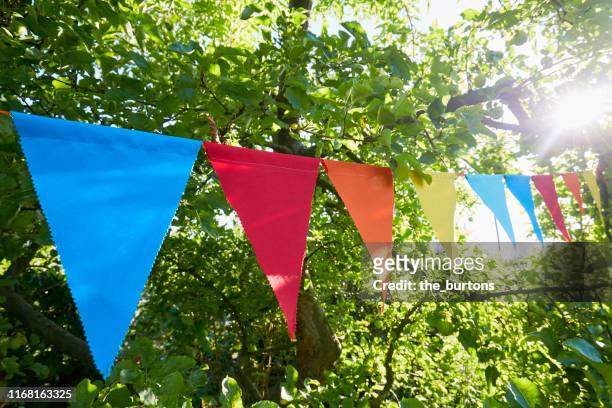 colorful bunting flags/ pennant chant at an apple tree for party decoration in garden - party flags stockfoto's en -beelden