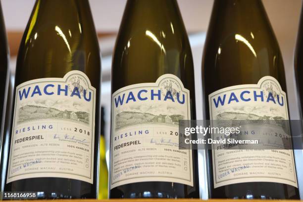 Grüner Veltliner white wine, Austria's premier and indigenous varietal, is displayed for sale in the vinothek at the award-winning Domäne Wachau...