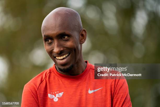 Abdi Abdirahman of the United States takes part in a shakeout run with runners taking part in the 15th running of the Humana Rock n Roll Philadelphia...