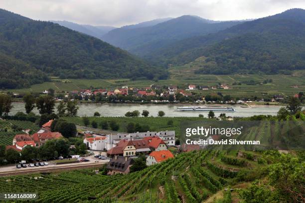 The Danube River is seen from the award-winning Domäne Wachau winery's Kellerberg vineyard on July 27, 2019 in the Wachau Valley village of...