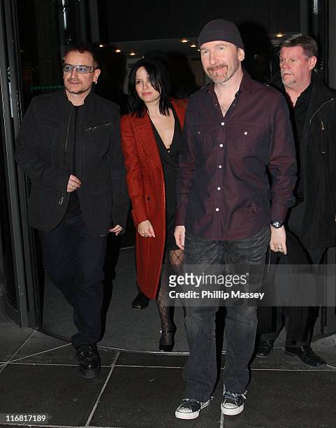 Bono, Andrea Corr and The Edge leave the 'Late Late Show" at RTE Studios on February 22, 2008 in Dublin, Ireland.