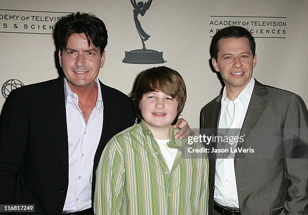 Actors Charlie Sheen, Angus T. Jones and Jon Cryer attend An Evening with Two and a Half Men held at The Leonard Goldenson Theater on February 27,...