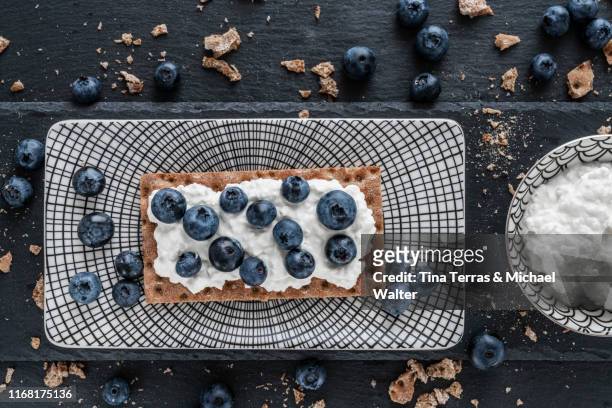 crispbread buiscuit with cream cheese and blueberries on a dish. - lebensmittel rechteck stock-fotos und bilder