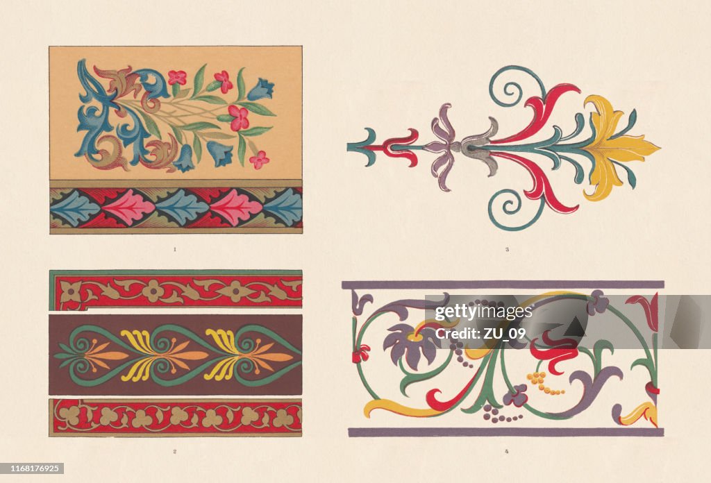 Ornamenti storiosche, romanico, gotico, rinascimentale e persiano, cromotiografo, pubblicato nel 1881