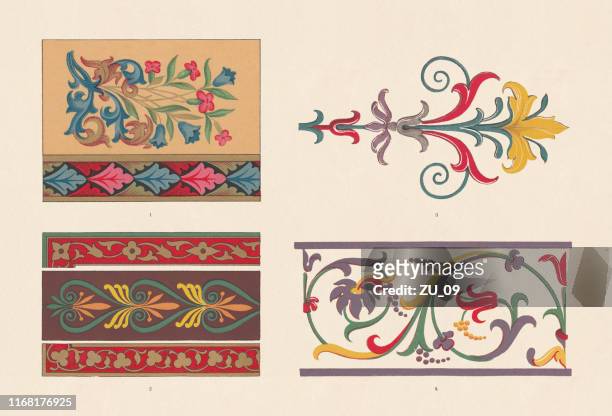 historische ornaments, romanesque, gothic, renaissance and persian, chromolithograph, published 1881 - manuscript stock illustrations