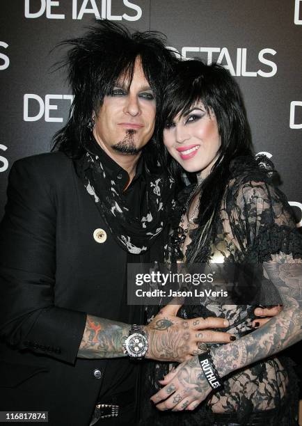 Musician Nikki Sixx and tattoo artist Kat Von D attend the Details Mavericks of 2008 Cocktail Party on March 20, 2008 in Beverly Hills, California.