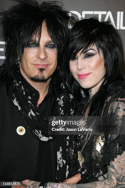 Musician Nikki Sixx and tattoo artist Kat Von D attend the Details Mavericks of 2008 Cocktail Party on March 20, 2008 in Beverly Hills, California.