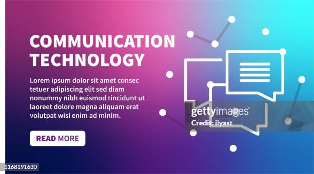 communication technology banner on holographic gradient background - neon speech bubble stock illustrations