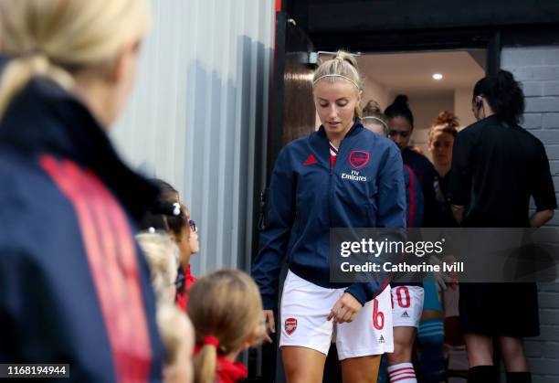 Leah Williamson of Arsenal comes out of the tunnel ahead of the Pre Season friendly between Arsenal Women and Barcelona Femini at Meadow Park on...