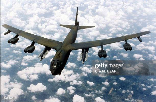 Airforce B-52 Stratofortress heavy bomber carries air launched cruise missiles in this undated file photo. The United States and Britain launched...