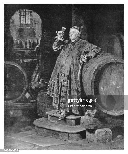 priest drinking wine in the cellar - priest stock illustrations