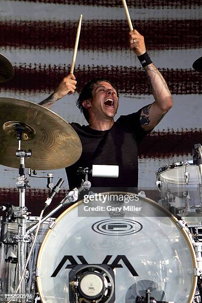 Drummer Adam "Atom" Willard of Angels & Airwaves performs during the Van's Warped Tour at the Verizon Wireless Amphitheater on July 5, 2008 in San...