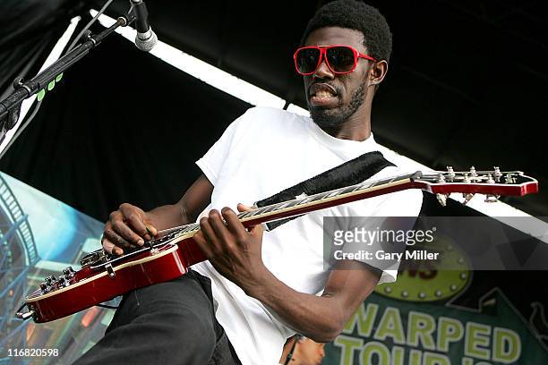 Guitarist Disashi Lumumba-Kasongo of Gym Class Heroes performs during the Van's Warped Tour at the Verizon Wireless Amphitheater on July 5, 2008 in...
