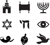 Jewish religious items black and white vector icon set