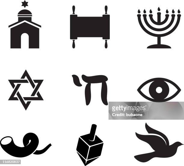 jewish religious items black and white vector icon set - synagogue stock illustrations