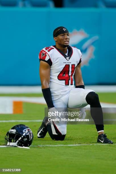Sharrod Neasman of the Atlanta Falcons warms up prior to the preseason game against the Miami Dolphins at Hard Rock Stadium on August 08, 2019 in...
