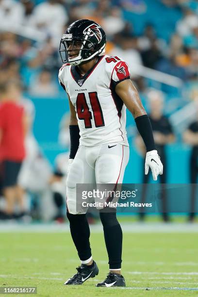 Sharrod Neasman of the Atlanta Falcons in action against the Miami Dolphins during the preseason game at Hard Rock Stadium on August 08, 2019 in...