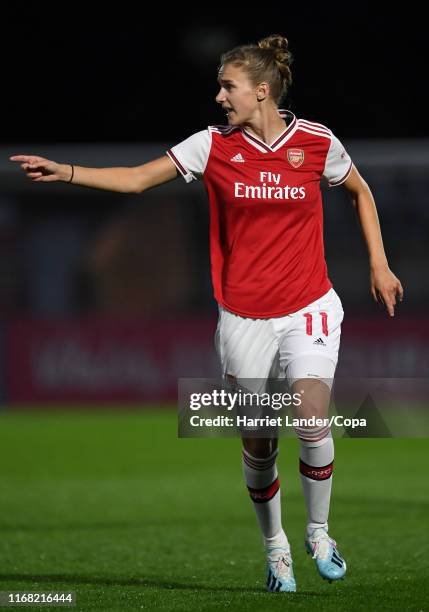 Vivianne Miedema of Arsenal gives her team instructions during the Preseason Friendly match between Arsenal Women and Barcelona Women at Meadow Park...