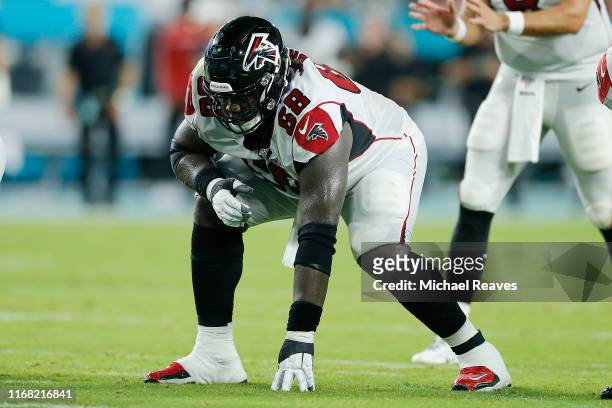 Jamon Brown of the Atlanta Falcons in action against the Miami Dolphins during the preseason game at Hard Rock Stadium on August 08, 2019 in Miami,...