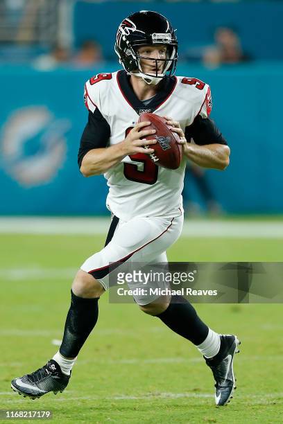 Matt Simms of the Atlanta Falcons in action against the Miami Dolphins during the preseason game at Hard Rock Stadium on August 08, 2019 in Miami,...