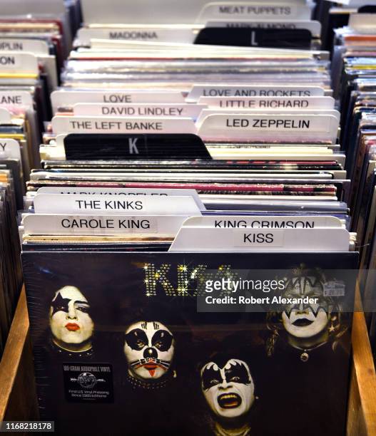 Selection of used record albums, including one recorded by the group Kiss, for sale in a music shop in Ashland, Oregon.