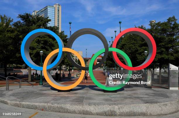 Olympic rings at Centennial Olympic Park in Atlanta, Georgia on July 27, 2019.