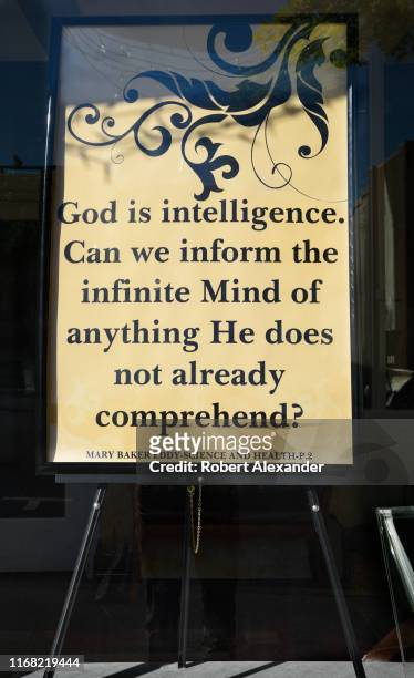 Window display at a Christian Science Reading Room in Ashland, Oregon, features a quotation from the religion's founder, Mary Barker Eddy.