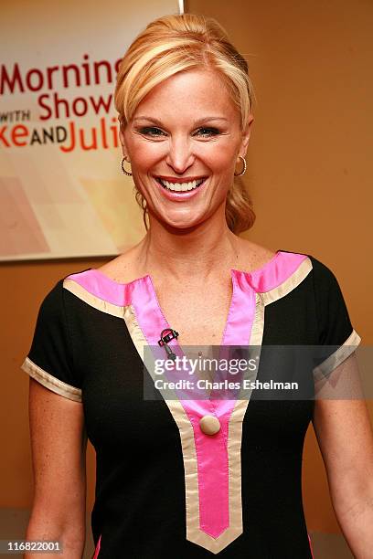 Host Juliet Huddy pauses in the Green Room at "The Morning Show with Mike and Juliet" at FOX studios on September 25, 2008 in New York City.