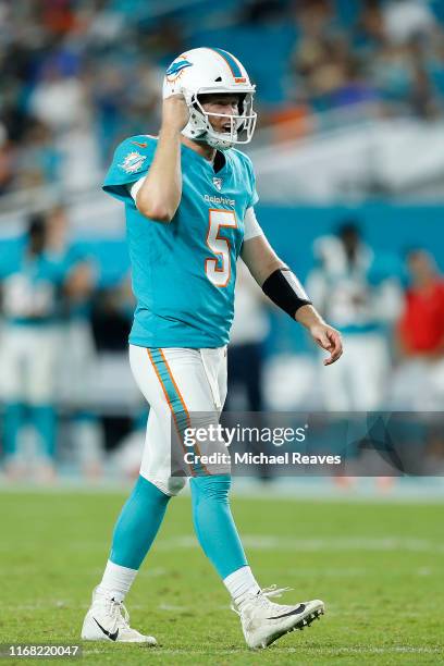 Jake Rudock of the Miami Dolphins looks on against the Atlanta Falcons during the preseason game at Hard Rock Stadium on August 08, 2019 in Miami,...