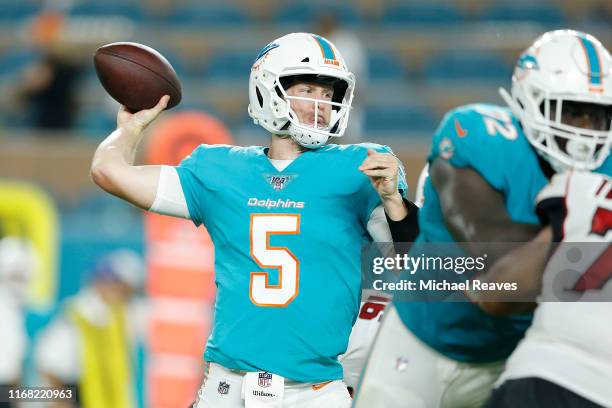 Jake Rudock of the Miami Dolphins throws a pass against the Atlanta Falcons during the preseason game at Hard Rock Stadium on August 08, 2019 in...