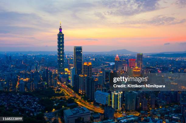 aerial view of 101 building during sunset. - number 101 stock pictures, royalty-free photos & images