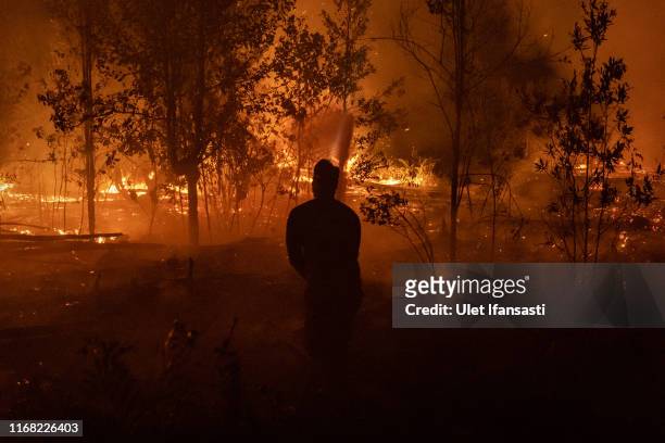 Firefighter extinguish the fire on burned peatland and forest at Sebangau national park on September 14, 2019 in the outskirts of Palangkaraya,...