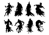 Silhouette of flying evil spirit in vector style collection isolated on white.