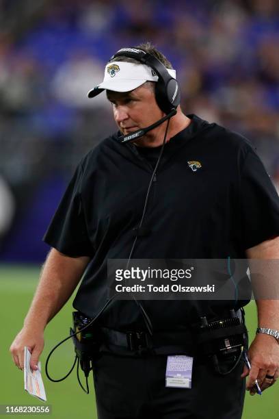 Head Coach Doug Marrone of the Jacksonville Jaguars looks on from the sidelines during the second half of a preseason game against the Baltimore...