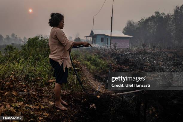 Woman try to extinguish the fire on burned peatland and fields near her house on September 14, 2019 in Palangkaraya, Central Kalimantan, Indonesia....