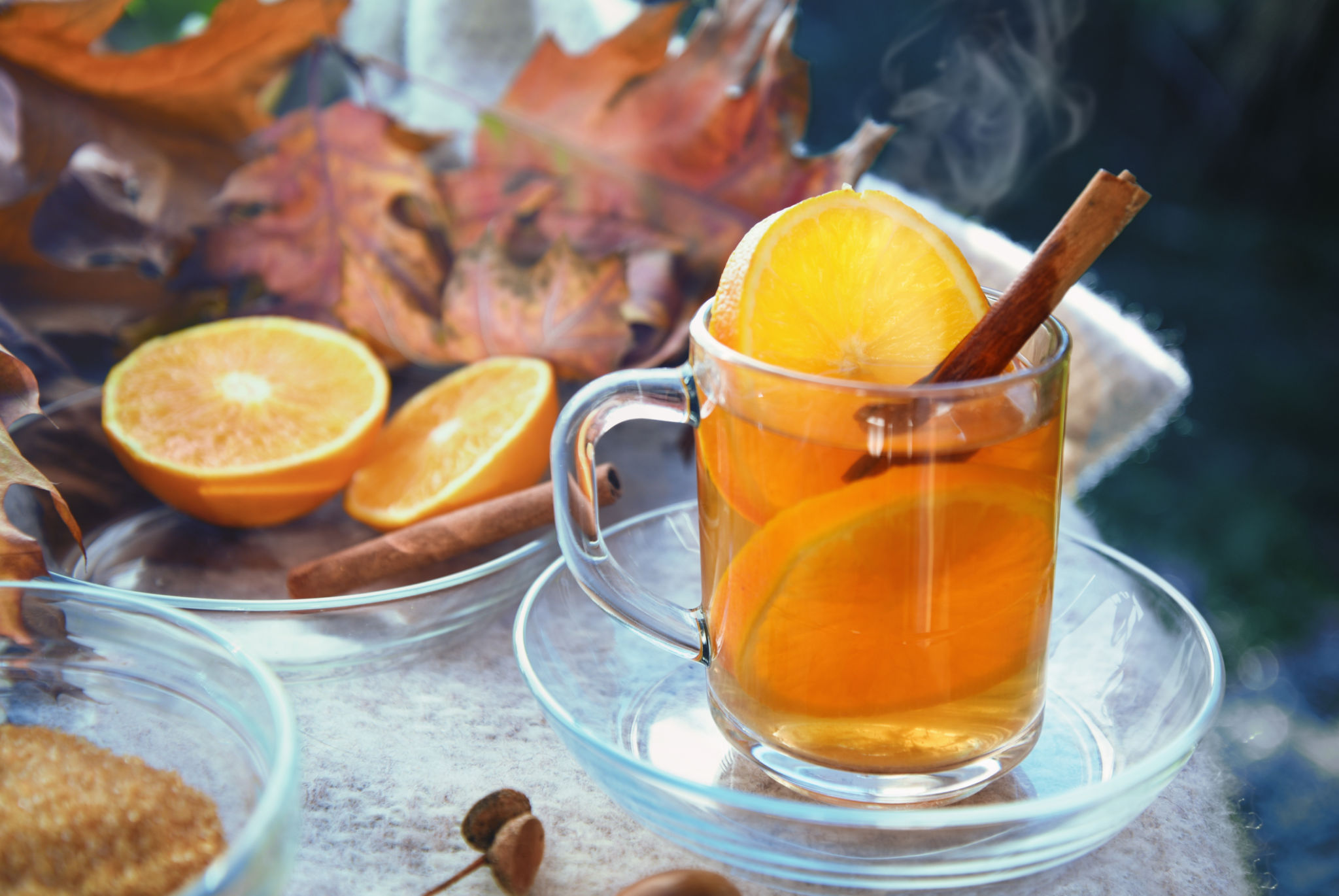 hot ginger tea with orange slices and cinnamon in a glass cup on a blanket and some red autumn leaves, selected focus, narrow depth of field hot ginger tea with orange slices and cinnamon in a glass cup on a blanket and some red autumn leaves, selected focus, narrow depth of field