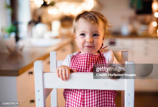 a front view of small toddler girl indoors, looking at camera. - tower stock pictures, royalty-free photos & images