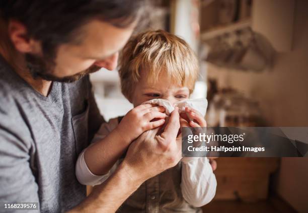 a father on paternity leave looking after small son indoors, blowing his nose. - krankheit stock-fotos und bilder