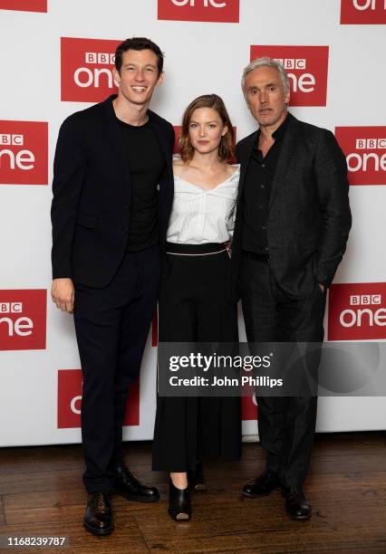Callum Turner, Holliday Grainger and Ben Miles attend "The Capture" Photocall at The Soho Hotel on August 15, 2019 in London, England.