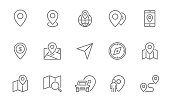Set of route and navigation line icons. Map pointer, gps, compass, parking pin, direction and more.