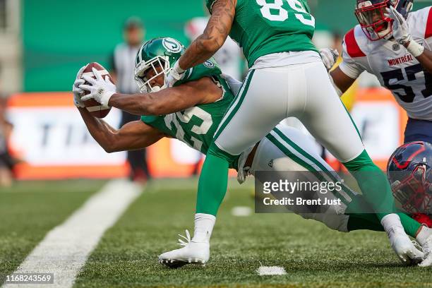 William Powell of the Saskatchewan Roughriders reaches for the the goal and scores a touchdown in the first half of the game between the Montreal...