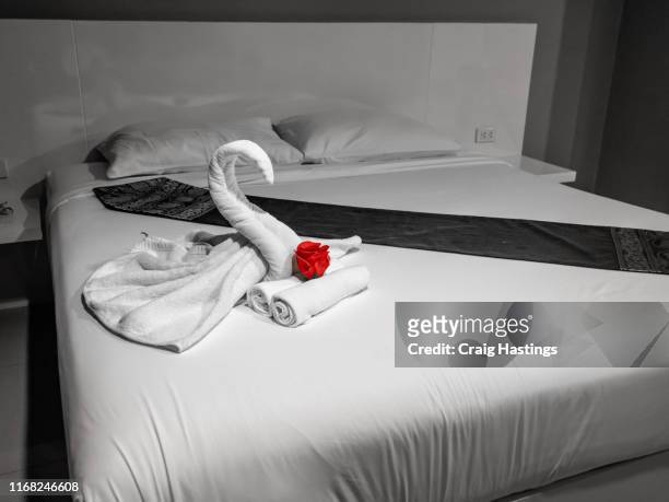 luxury boutique hotel bed decoration interior - swan towel art with romantic red rose. - swan stock-fotos und bilder