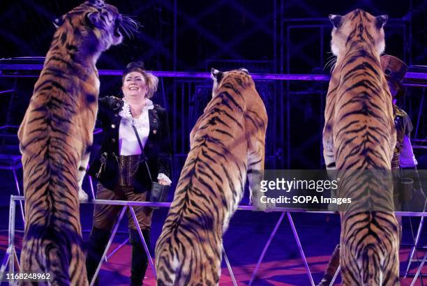 Artists perform with tigers during the presentation of the new fantasy steampunk circus show 'Pendulum of Time' at the Ukrainian National Circus in...