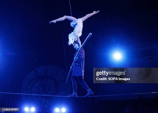 Artists perform during the presentation of the new fantasy steampunk circus show 'Pendulum of Time' at the Ukrainian National Circus in Kiev,...