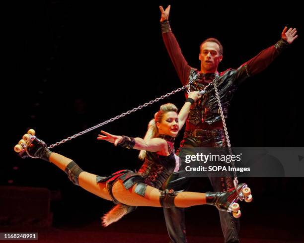 Artists perform during the presentation of the new fantasy steampunk circus show 'Pendulum of Time' at the Ukrainian National Circus in Kiev,...